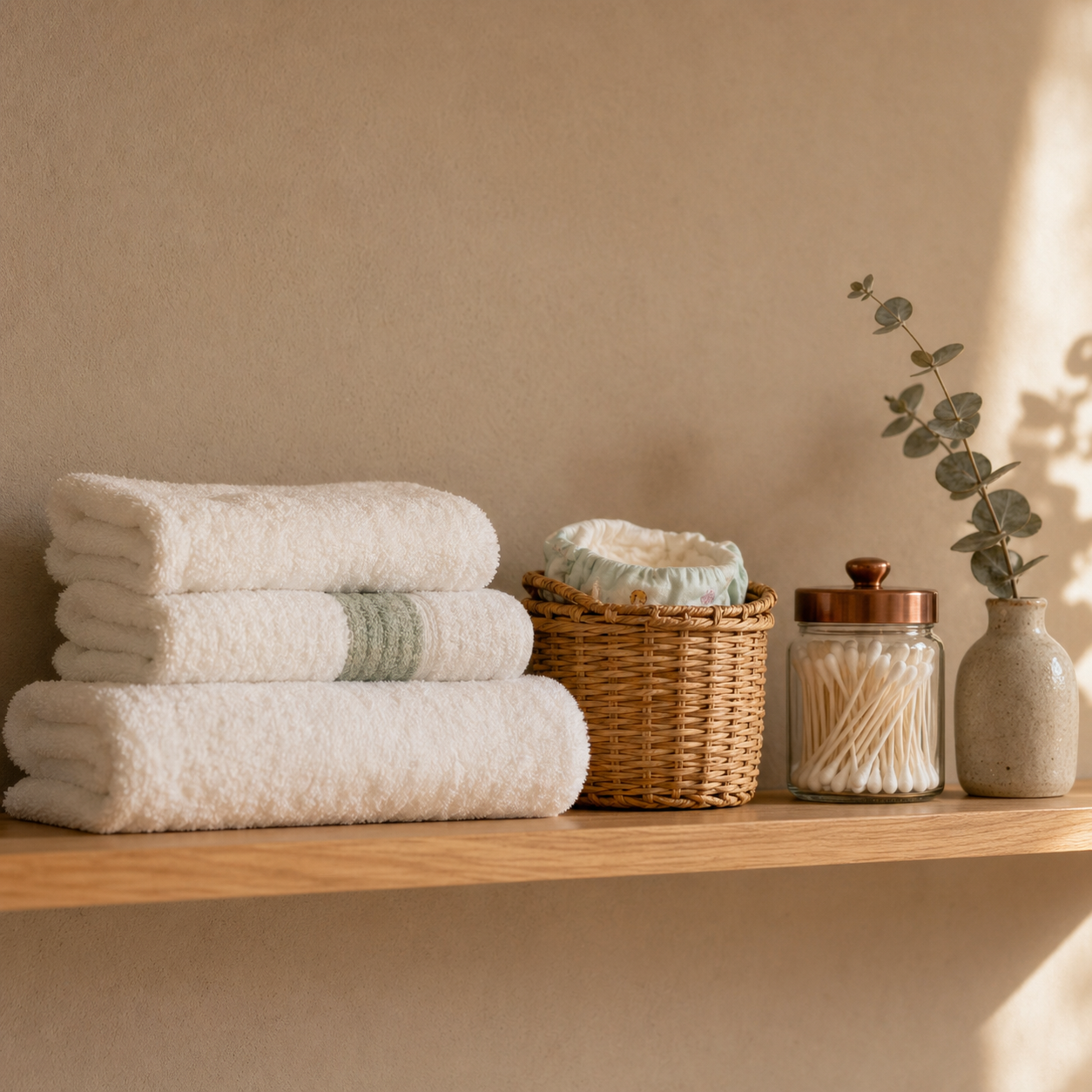 Сложенные полотенца и баночки на полке