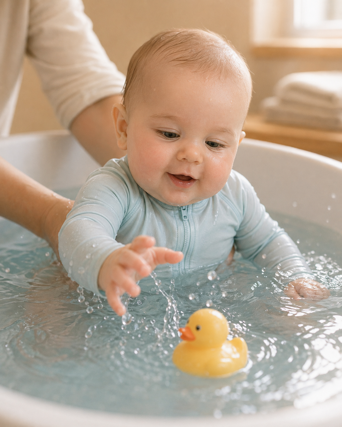 Малыш в воде, рассматривает плавающую игрушку
